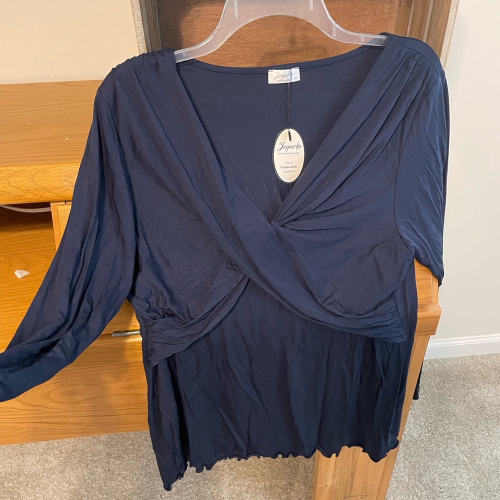 NWT Joyaria Nursing Long Sleeve V Neck Top, Scalloped Hem, Navy, XXL